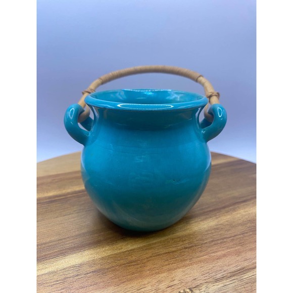 Vintage Stamped Handmade Swedish Teal Glazed Small Clay Pot with Wicker Handle - Picture 4 of 9